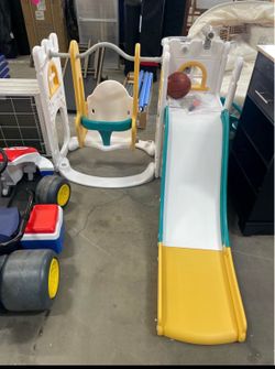 Assembled New 6 in 1 Toddler Slide & Swing Set, Kids Slide and Swing Combo with Basketball Hoop