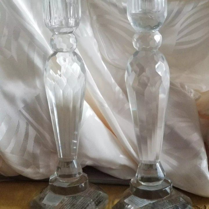 2-NEW TALL VINTAGE CRYSTAL CANDLE HOLDERS -9"