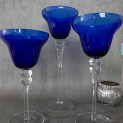 3pc Set Long Stem Blue Glass Candle Holders Home Decor Wedding Event Party