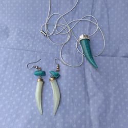Turquoise Horn Earrings And Pendant