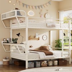 Bunk Bed Twin Over Twin, Metal Bunk Beds with Desk & Outlet, White