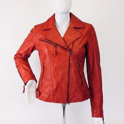LEATHER FARM Red Genuine Leather Moto Biker Jacket Women’s Size L Asymmetrical