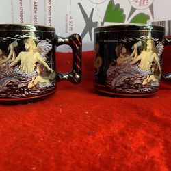 Set Of 2 24k Black & Gold Handmade In Greece Greek Ceramic Mugs Imported From Greece