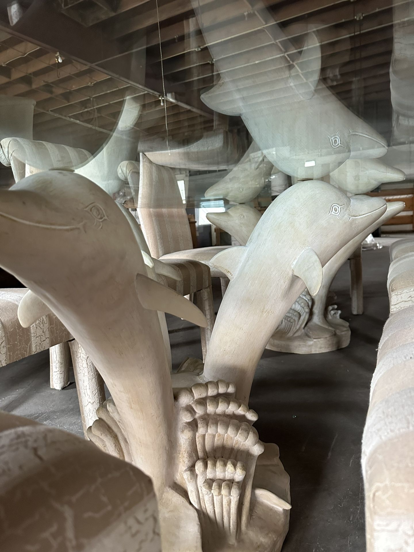 Unique Glass Top Dolphin Base, Eight Piece Dining Room Set