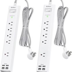 10Ft Surge Protector Power Strip - Long Extension Cord, Addtam 5 Widely Outlets 4 USB Ports, 2 Pack