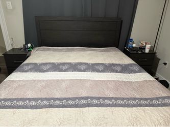 Complete bedroom set in perfect condition—bed, dressers, and nightstands.