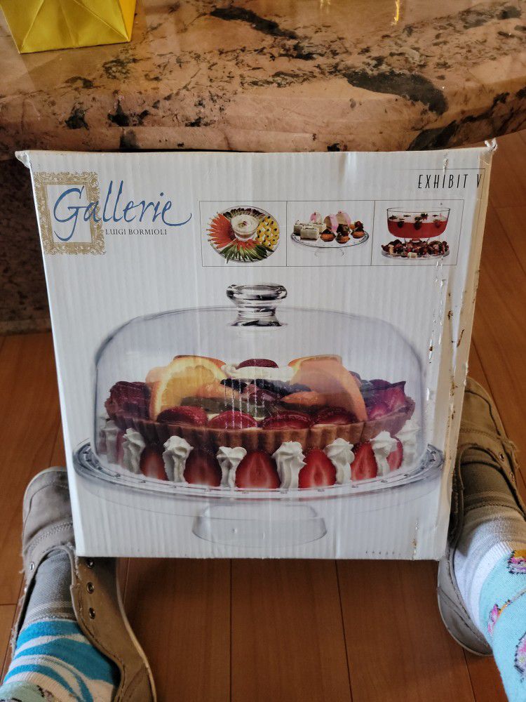 Gallerie Luigi Bormioli Exhibit V 4 in 1 Footed Cake Plate w/ Dome Cover in Box

