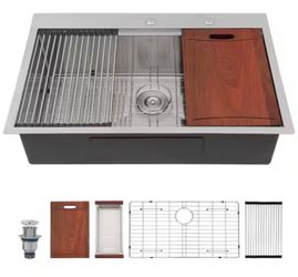 33 in. x 22 in. Top Mount Single Bowl 16-Gauge Stainless Steel Drop-In Workstation Kitchen Sink with Bottom Grids