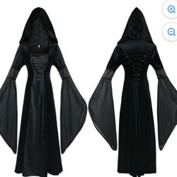 Black European Medieval Gothic Pagoda Sleeve Hooded Dress, Large *BRAND NEW*