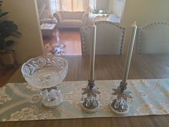 Antique candle holders & bowl set with a marble base