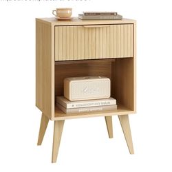 Fluted Night Stand with Opening Storage,Mid Century Bedside Table with Drawer,Wood Nightstand with Solid Wood Legs,End Table Side Table for Living Roo