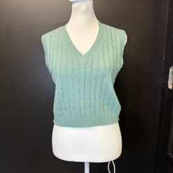 Vintage Cable Knit Sweater Vest Sage Green V-Neck Preppy Y2K Cottagecore Size M