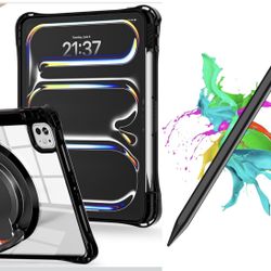 NEW Transparent iPad Pro 11 2024 M4 Case. 360° Rotating Kickstand w/stylus holder. blk stylus pencil