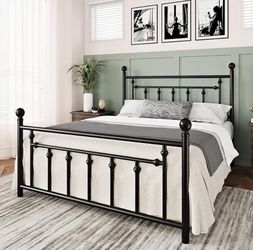 Queen Size Bed Frame Metal Platform with Victorian Vintage Headboard
