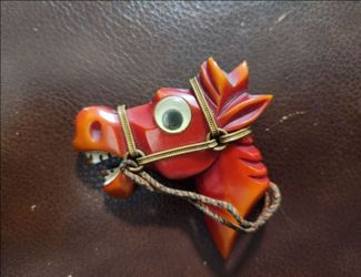 Vintage Large Carved Bakelite Googly Eye Horse Mule Head Brooch Pin Book Piece