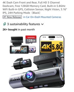 4K Dash Cam Front & Rear + Cabin Camera | GPS, WiFi, 128GB Included