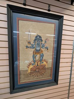 Framed Hindu Goddess Kali Folk Art Painting On Cloth Textile Religious Wall Art