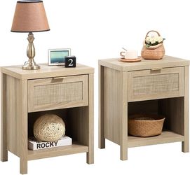 Set of 2, Farmhouse Night Stand Bedside Table with Drawer and Storage Shelf - Boho End Side Table for Bedroom, Light Oak
