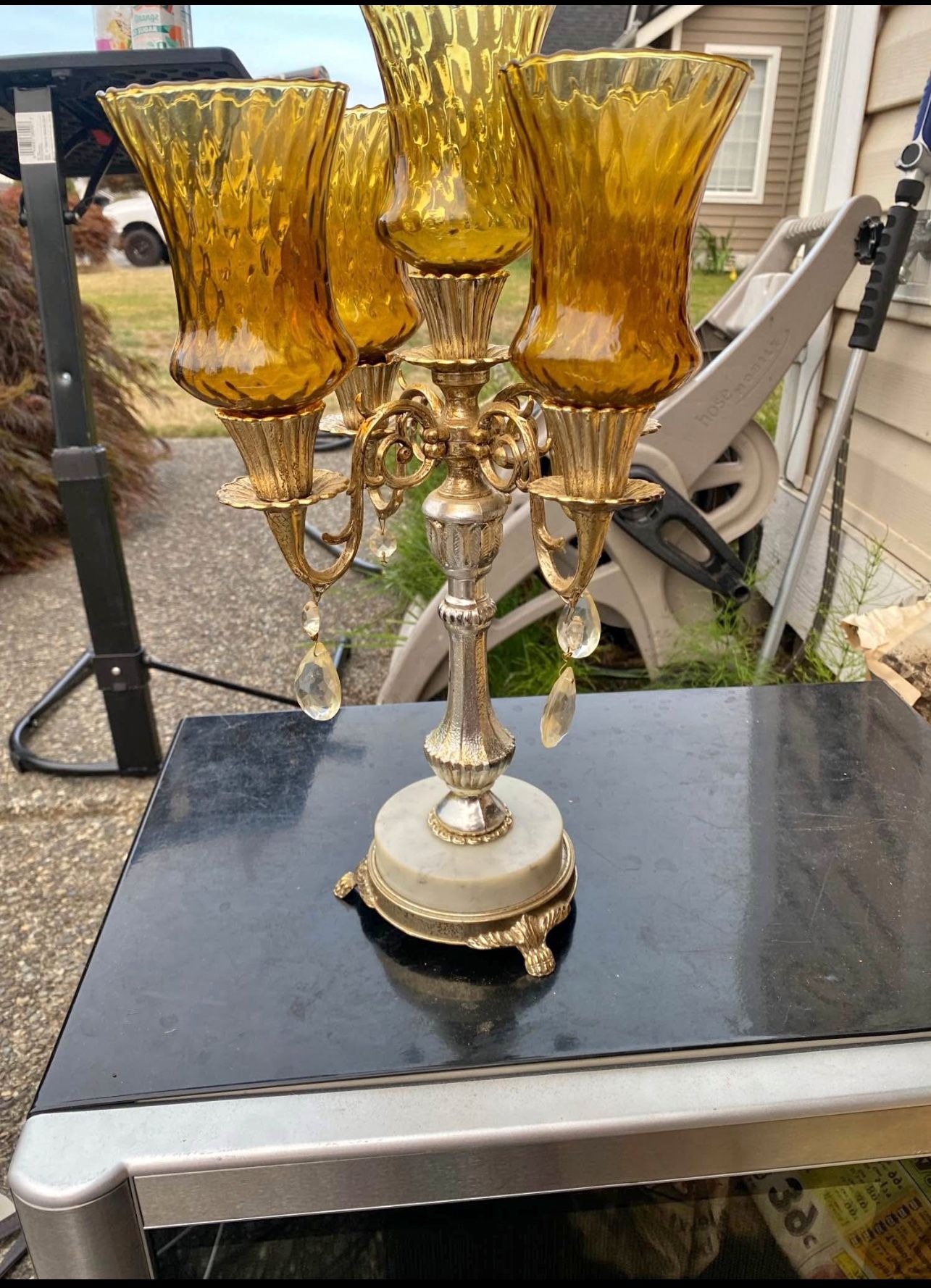 Vintage Silver Plated Candelabra w Amber Glass- Votives & Crystal Marble Ped