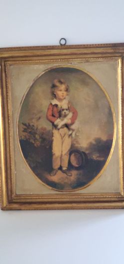 Antique Framed Portrait Print Boy with Dog