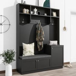 NEW Black Freestanding Hall Tree with Cushioned Storage Bench, 3-Hooks and Shelves