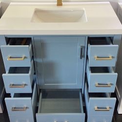 36” Bathroom Vanity Cabinet New Solid Wood Fully Assembled Softclose Drawers Door White Quartz Top Sink Attached Ready For Pick Up Today