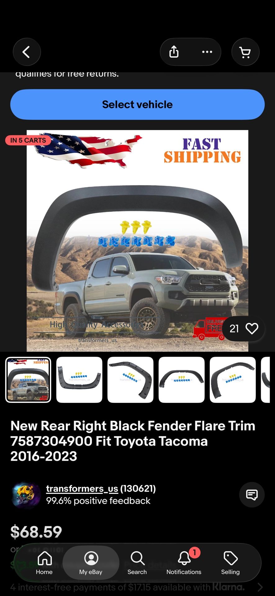 4 Piezas- Black Fender Flare Trim Fit Toyota Tacoma 2016-2023