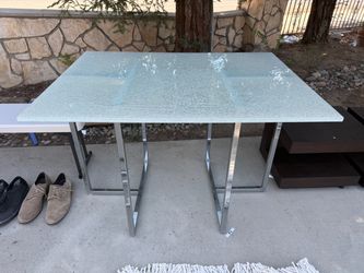 Modern Crackle Glass Dining Table – Chrome Base – Beautiful Condition – $275 OBO