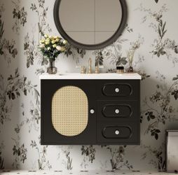 30 Inch Bathroom Vanity with Ceramic Sink, Mid-Century Bathroom Vanity Cabinet with 2 Drawers