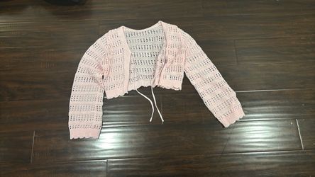 Pink Crochet Crop Cardigan with Tie Front