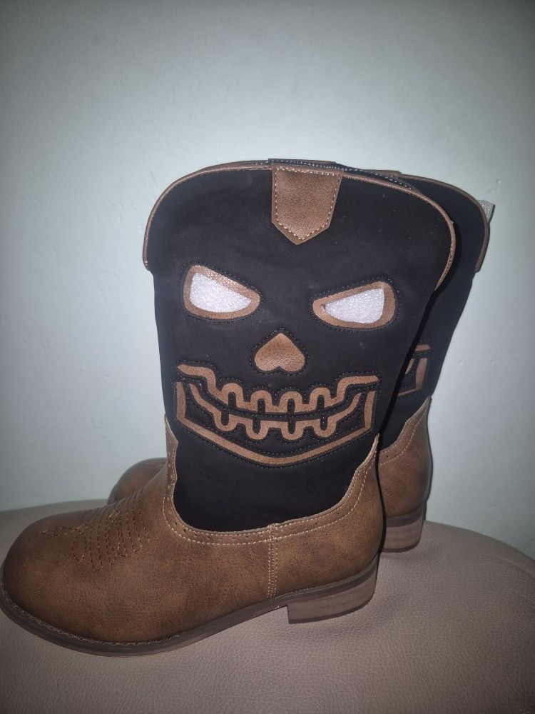 Cowboy Boots For Girls Western Mid Calf Cowgirl Boots Riding Shoes With Halloween Skull Element Booties