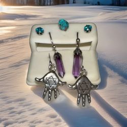 BlueTopaz-Turquoise Bronze Cobra-Amethyst Crystal & Star of David Hamsa Earrings