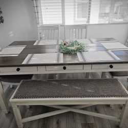 Farmhouse Dining Table Set with Bench & Chairs – Solid Wood Look