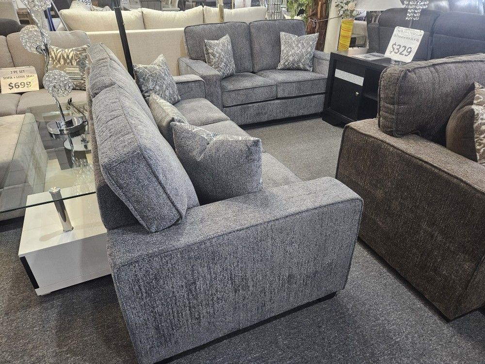 Brand New Soft Gray Chenille Sofa + Loveseat 2PCs Set