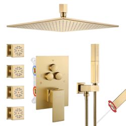 Shower Faucet Set Brushed Gold Shower System,Push Button Diverter Shower Faucet with 2 in 1 Handheld,Ceiling Mount 16 Inch Shower Head with 4 PCS Dual