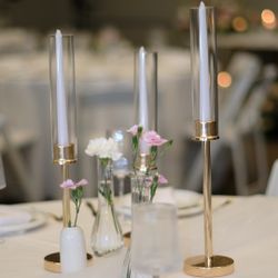 Set Of Tree 18”, 20” And 22”Tall Gold Hurricane Candlesticks Holder with Glass Cylinder Cover