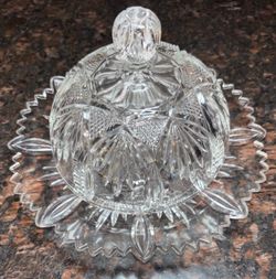 Antique EAPG Fine Cut & Fan Covered Butter Dish Attributed to Bryce Higbee c1901