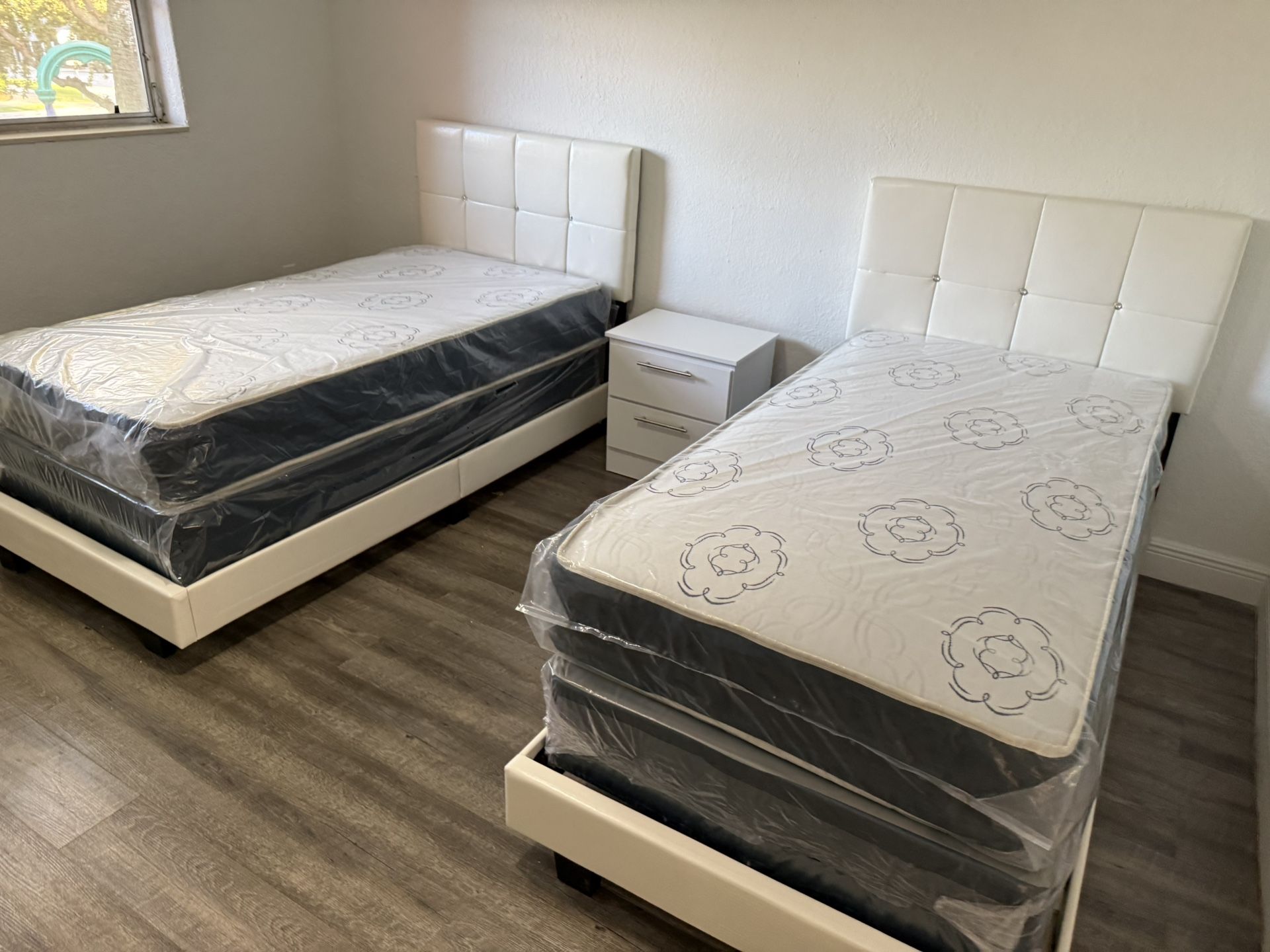 2 Twin Size Bed Frame With 2 Mattresses 1 Nightstand All New Furniture Free Delivery Free Installation