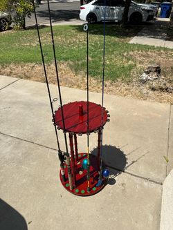 Round Wooden Fishing Rod Holder Stand with Rods
