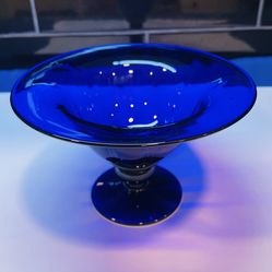 Vintage Bristol blue signed by artist cobalt blue pedestal compote