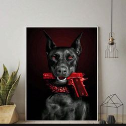 1pcs Doberman Gun Canvas Painitng Luxury Fashion Dog Lover Poster Wall Art Pictures Modern Living Room Home Decor No Frame