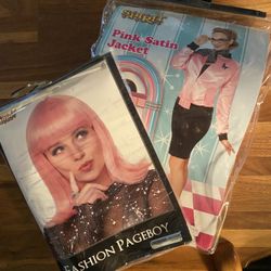 PINK LADY SATIN JACKET LARGE & PINK WIG NEW HALLOWEEN COSTUME 