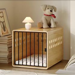 Natural 31.5 in. Rectangle Engineered Wood Coffee Table with Pet Crate, Metal Door and Ventilated Sides For Living Room