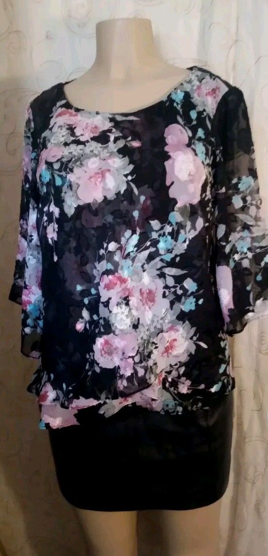 Alex Evenings Floral Print Tripple Layered Tiered Blouse M/L