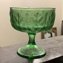 1978 FTD Vintage Green Leaf Art Glass Pedestal Candy Dish 
