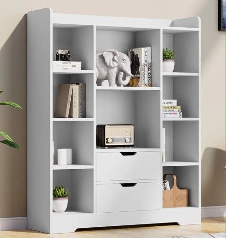 Cozy Castle Kids Bookshelf with Storage, Toy Storage Organizer with 2 Drawers and 10 Cubes 4-Tier Bookcase for Bedroom, Playroom, Hallway, Living Room