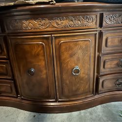 Solid oak carved trifold dresser and mirror
