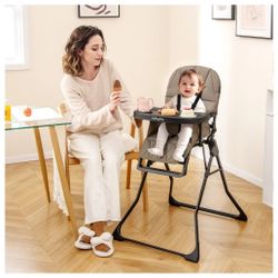  Foldable High Chair, Portable Highchairs for Babies and Toddlers with 3-Position Adjustable Tray & Footrest, Removable Seat Cushion, 5-Point Safety 