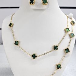 Set Stainless Steel Green Shell 5  Leaf Clover 9mm 