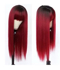 Ombre Black to Red Long Straight Wig with Bangs